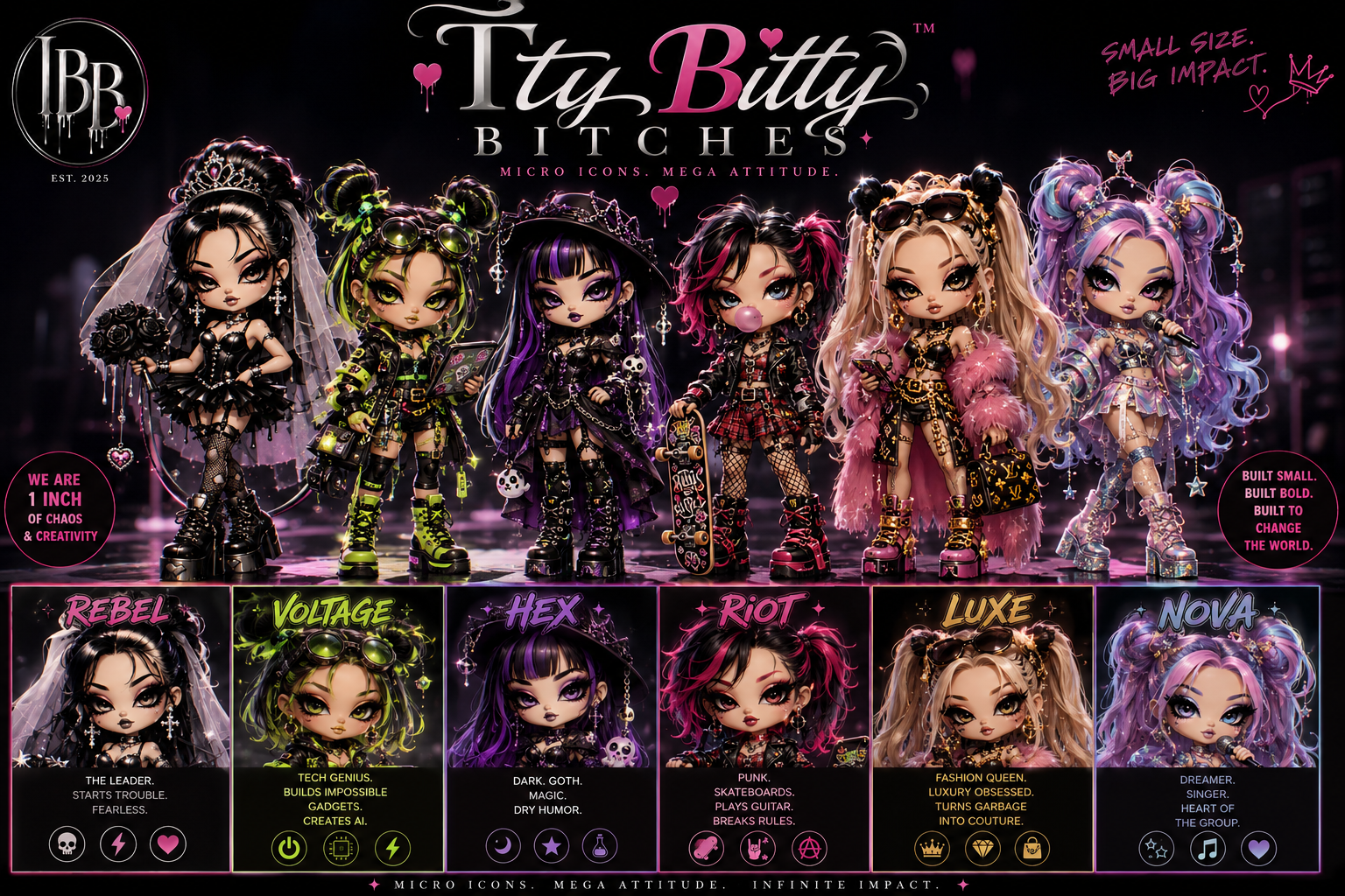 Itty Bitty Bitches full lineup — Rebel, Voltage, Hex, Riot, Luxe, and Nova
